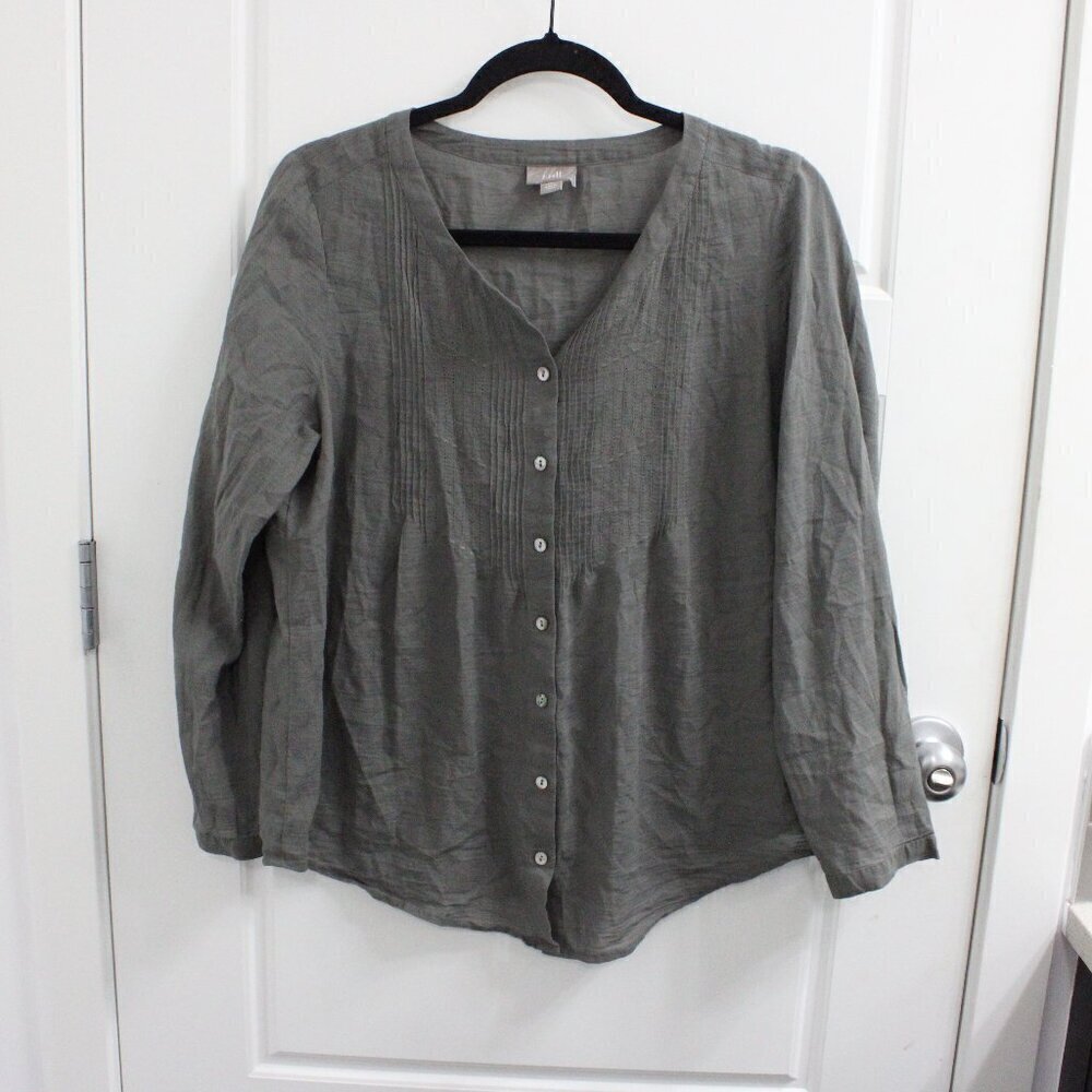 J.‎ Jill Long Sleeve Button Down Blouse Semi Sheer Size Medium Petite Grey